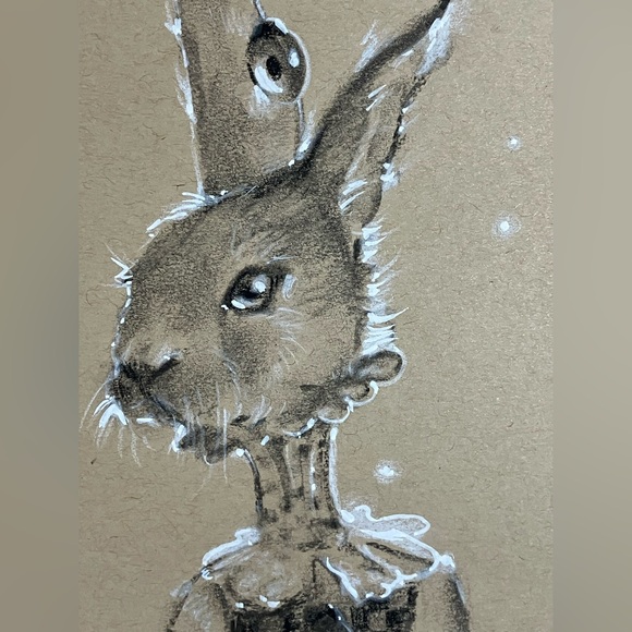 Original Bunny Rabbit painting Whimsical surreal art Character Charcoal Pastel - Picture 5 of 8